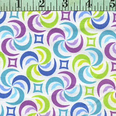 Swirls and Diamonds, Purple, Blue, Green on White