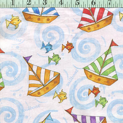 Sailboat and Fish Toss on Blue & White Swirls