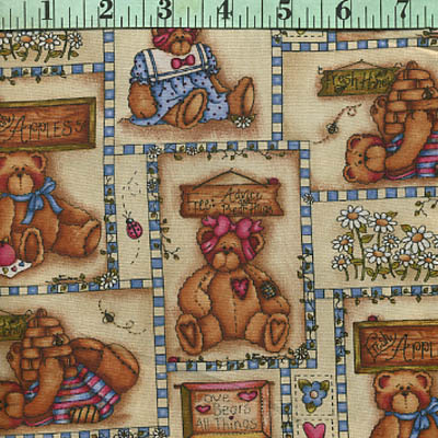 Teddy Bears, in White and Blue Stripes on Tan