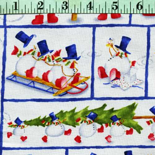 Christmas Snowmen Sliding in Blue Boarders on White