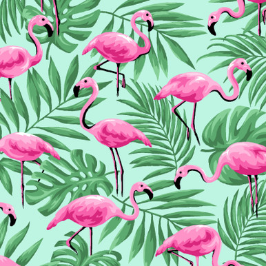 Pink Flamingos and Green Palm Leaves on Mint