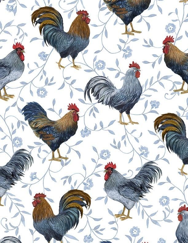 Large Roosters All Over White | Country Blue Collection by Susan