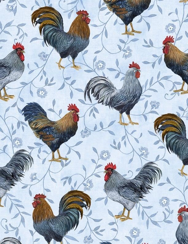 Large Roosters All Over Light Blue | Country Blue Collection by