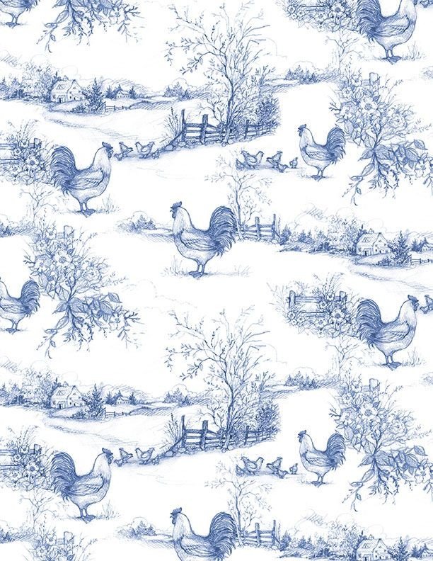 Rooster Toile White/Dark Blue | Country Blue Collection by Susan